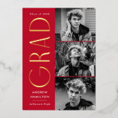 赤モダンと金ゴールドの写真の卒業発表 箔招待状 (正面)