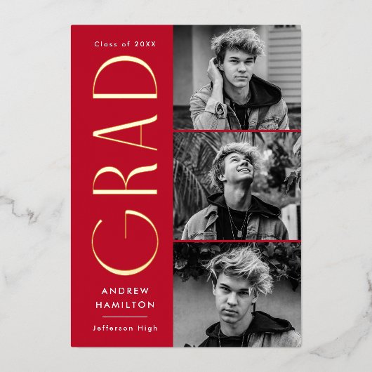 赤モダンと金ゴールドの写真の卒業発表 箔招待状 (正面)