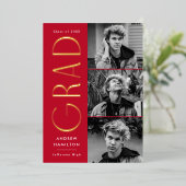 赤モダンと金ゴールドの写真の卒業発表 箔招待状 (立ち正面)