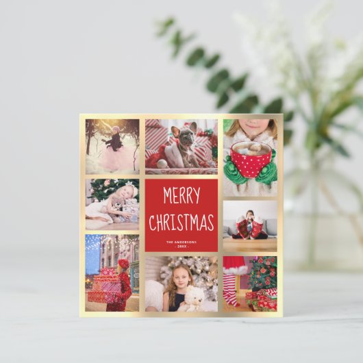 赤モダンと金ゴールドメリークリスマスフォトコラージュ シーズンカード (スタンド正面)