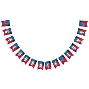 赤モダンと青のグラデーション《写真》ぼけ味ライトとタイポグラフィ バンティングフラッグ