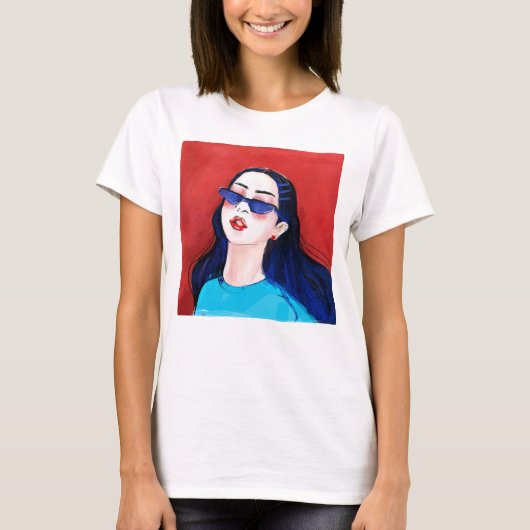 赤モダンと青のグラフィックの女の子 Tシャツ (正面)