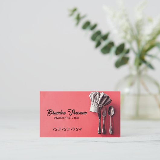 赤モダンと黒のシェフハットとシルバーウェア 名刺 (スタンド正面)