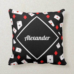 赤モダンと黒のトランプのポーカーテーマパターン名前をカスタムする クッション