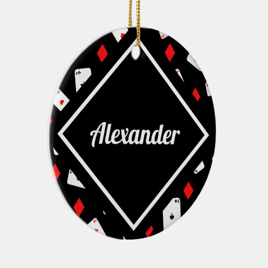 赤モダンと黒のトランプのポーカーテーマパターン名前をカスタムする セラミックオーナメント (右)