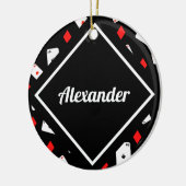 赤モダンと黒のトランプのポーカーテーマパターン名前をカスタムする セラミックオーナメント (左)