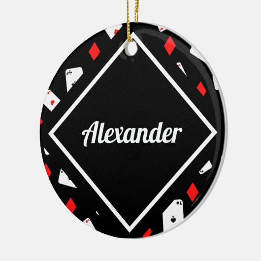 赤モダンと黒のトランプのポーカーテーマパターン名前をカスタムする セラミックオーナメント (左)