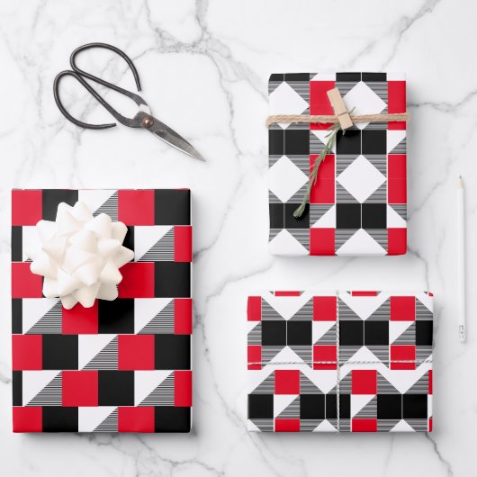 赤モダンと黒のバッファロー・プレイドの美的 ラッピングペーパーシート (正面)