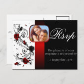 赤モダンと黒のバラ結婚式RSVP インビテーションポストカード (正面/裏面)