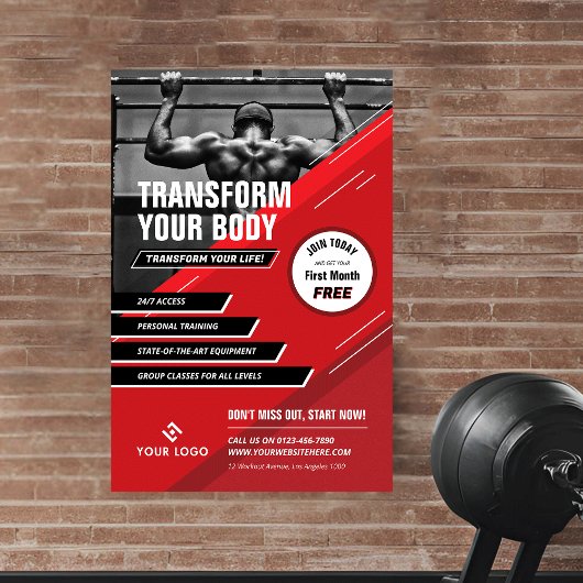 赤モダンと黒のロゴスポーツフォトジムマーケティング ポスター