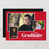 赤モダンと黒の3つの卒業式パーティー 招待状 (正面/裏面)