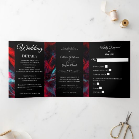 赤モダンと黒結婚の3倍招待状 三つ折り招待状 (内部)