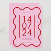 赤モダンの波縁どの結婚式は日付を保存 招待状 (正面/裏面)