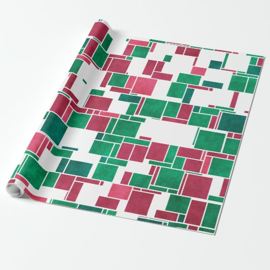 赤モダンはっきりしたと緑のクリスマスモンドリアン ラッピングペーパー (アンロールド)