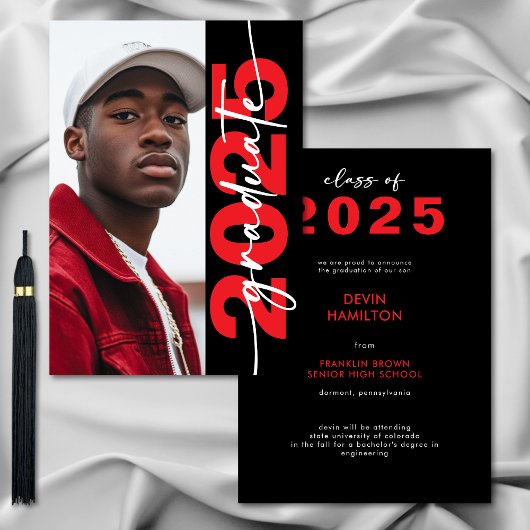 赤モダンはっきりしたタイポグラフィ卒発表 招待状