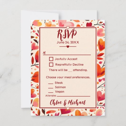 赤モダンはっきりした心の開花 出欠カード (正面)