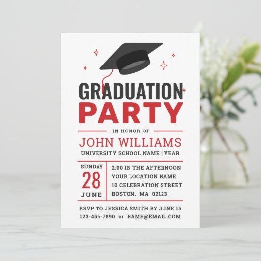 赤モダンはっきりした白黒写真卒業パーティー 招待状 (スタンド正面)