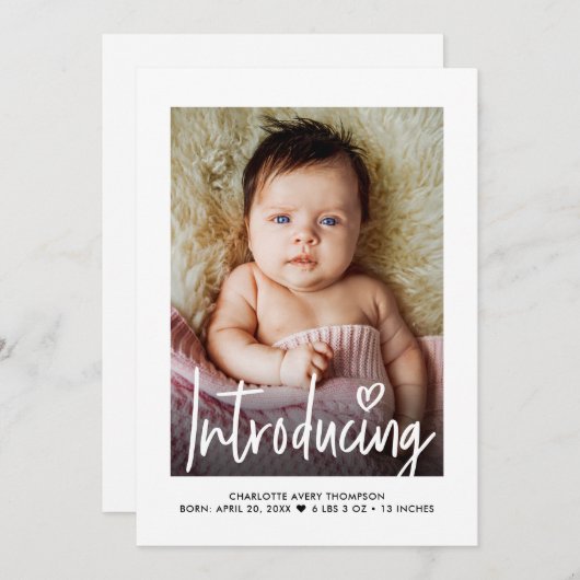 赤モダンん坊の女の子の誕生発表写真 サンキューカード (正面/裏面)