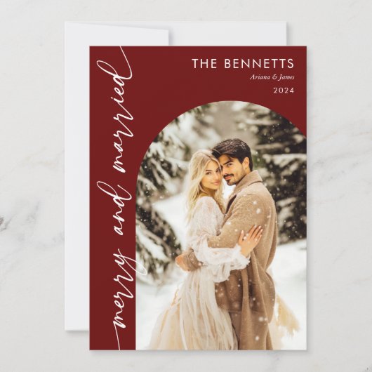 赤モダンアーチ写真ニューメリーリウェッド&結婚した シーズンカード (正面)