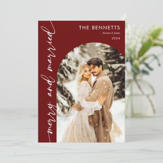赤モダンアーチ写真ニューメリーリウェッド&結婚した シーズンカード (スタンド正面)