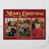 赤モダンエレガントと金ゴールドのクリスマス3枚の写真 箔シーズンカード (正面)