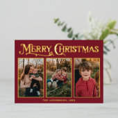 赤モダンエレガントと金ゴールドのクリスマス3枚の写真 箔シーズンカード (立ち正面)