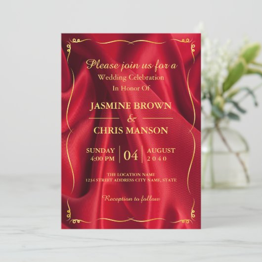 赤モダンエレガントと金ゴールド結婚式招待状 招待状 (スタンド正面)