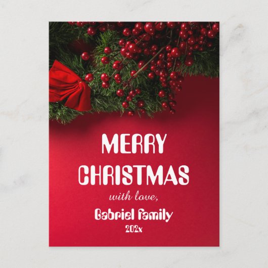 赤モダンエレガントクリスマスパーソナライズされた家族 シーズンポストカード (正面)