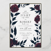 赤モダンエレガントバラ黒葉結婚金ゴールド 箔招待状 (正面)