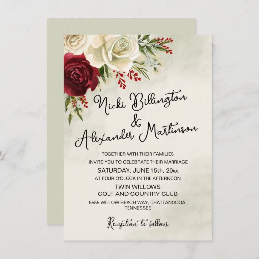 赤モダンエレガントホワイトローズ結婚式招待状 招待状 (正面/裏面)