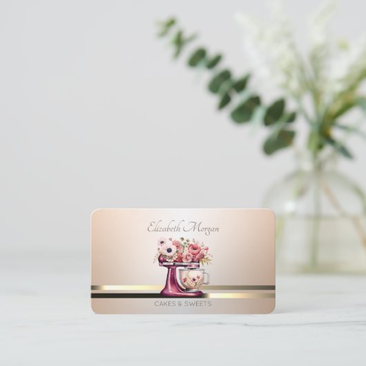 赤モダンエレガントミキサーフラワーズベーカリー 名刺 (スタンド正面)