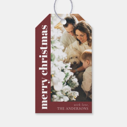 赤モダンエレガントメリーのクリスマス家族の写真 ギフトタグ (正面)