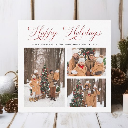 赤モダンエレガント文字ハッピーホリデー3写真 シーズンカード