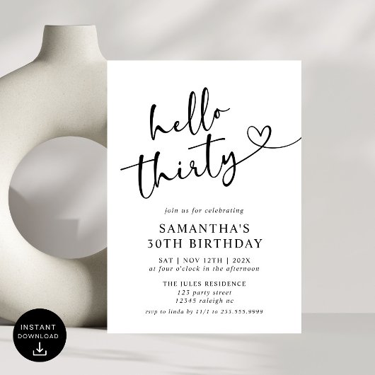 赤モダンエレガント白こんにちは30歳の誕生日パーティー 招待状