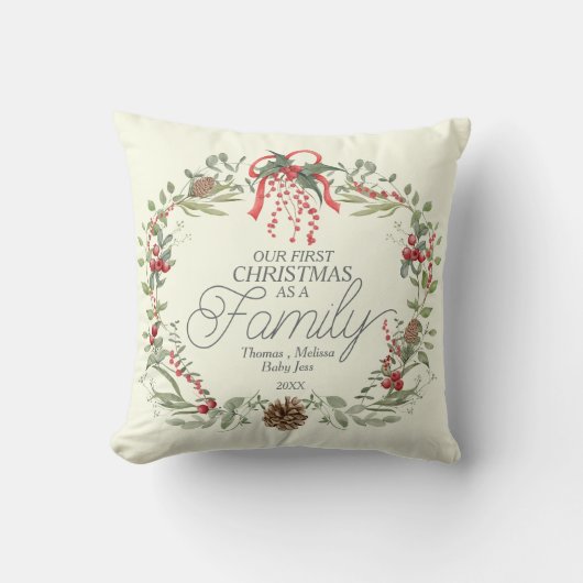 赤モダンエレガント緑クリスマスフローラリース クッション (正面)