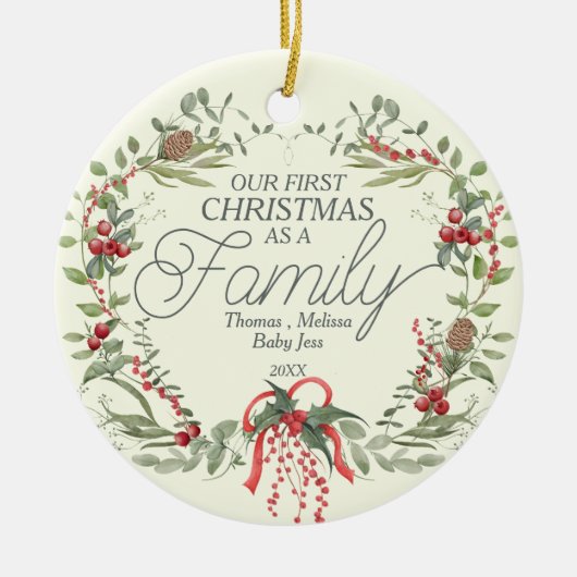 赤モダンエレガント緑クリスマスフローラリース セラミックオーナメント (正面)