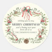 赤モダンエレガント緑クリスマスフローラリース ラウンドシール (正面)