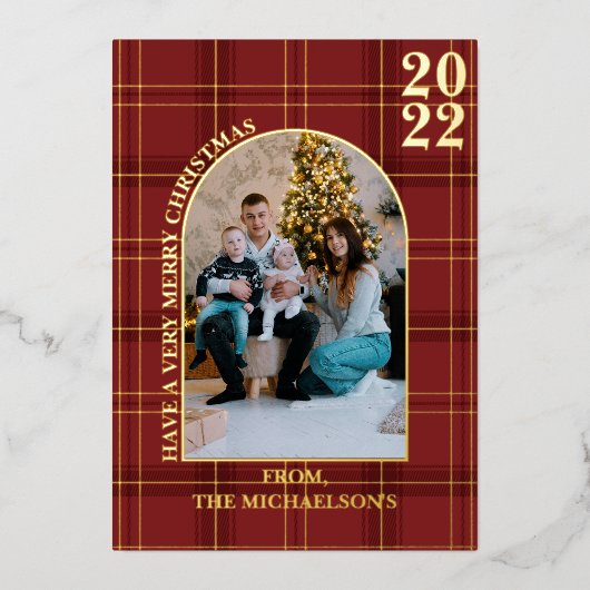 赤モダンエレガント金ゴールドタータンチェック格子模様 箔シーズンカード (正面)