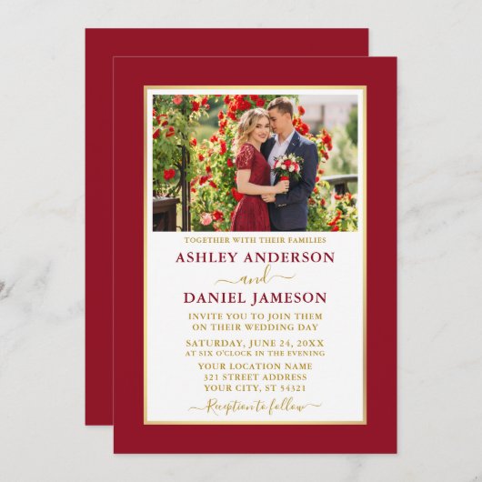 赤モダンエレガント金ゴールド結婚 招待状 (正面/裏面)