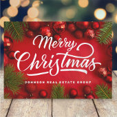 赤モダンクリスマスオーナメントとグリーンパイン シーズンカード