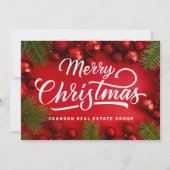 赤モダンクリスマスオーナメントとグリーンパイン シーズンカード (正面)