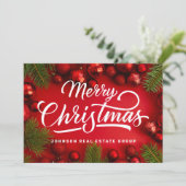 赤モダンクリスマスオーナメントとグリーンパイン シーズンカード (スタンド正面)