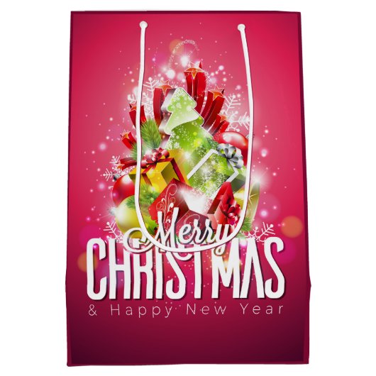 赤モダンクリスマスグラフィックイラストレーション ミディアムペーパーバッグ (裏面)