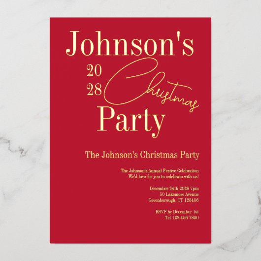 赤モダンクリスマスパーティの招待状実在金ゴールド 箔シーズンカード (正面)