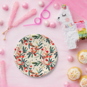 赤モダンクリスマスホリーベリー ペーパープレート (パーティー)