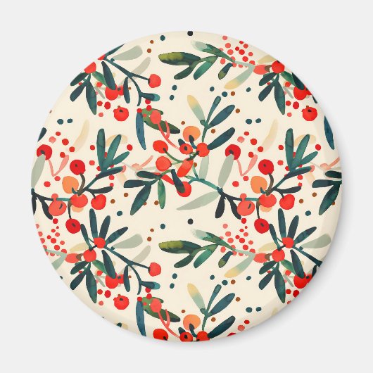 赤モダンクリスマスホリーベリー マグネット (正面)