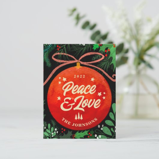 赤モダンクリスマスボールオーナメント植物学 シーズンポストカード (スタンド正面)