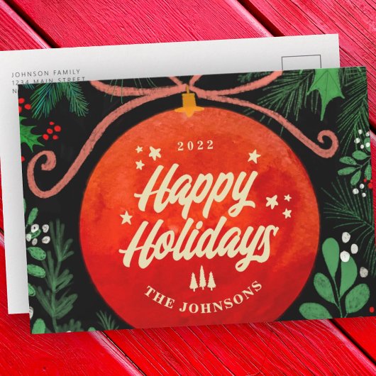 赤モダンクリスマスボールオーナメント植物学 シーズンポストカード