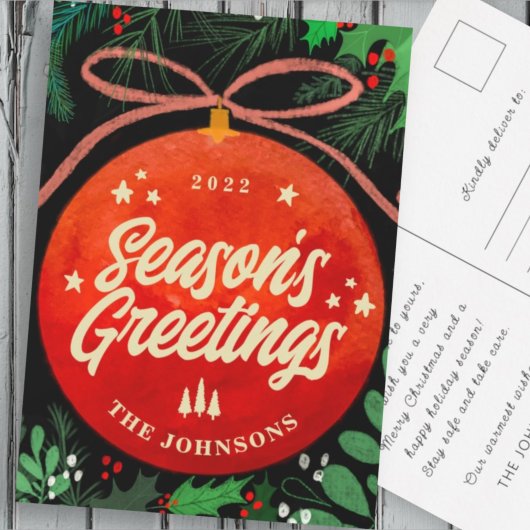 赤モダンクリスマスボールオーナメント植物学 シーズンポストカード