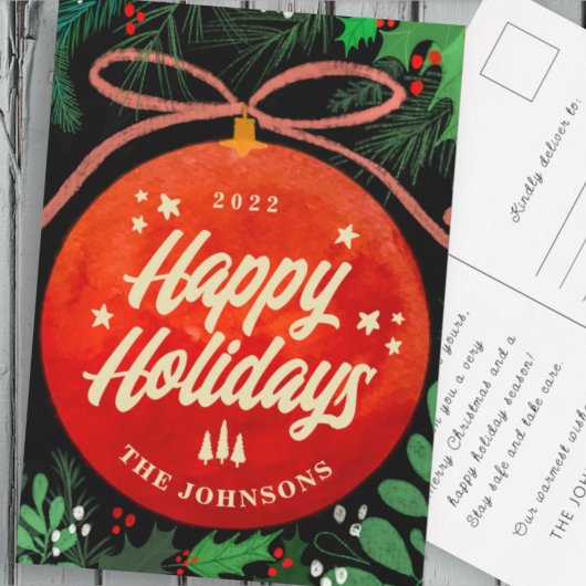 赤モダンクリスマスボールオーナメント植物学 シーズンポストカード